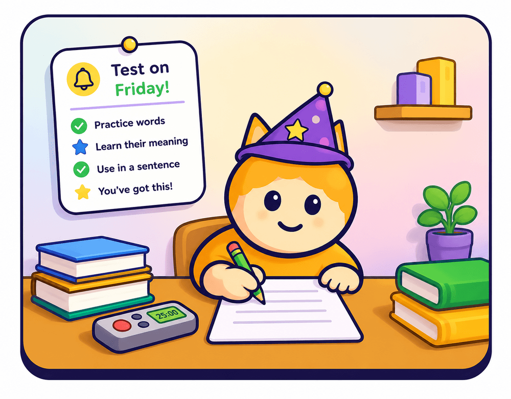 Spelly's friendly wizard-fox practising at a desk, with a 'Test on Friday!' checklist: practice words, learn their meaning, use in a sentence — you've got this!